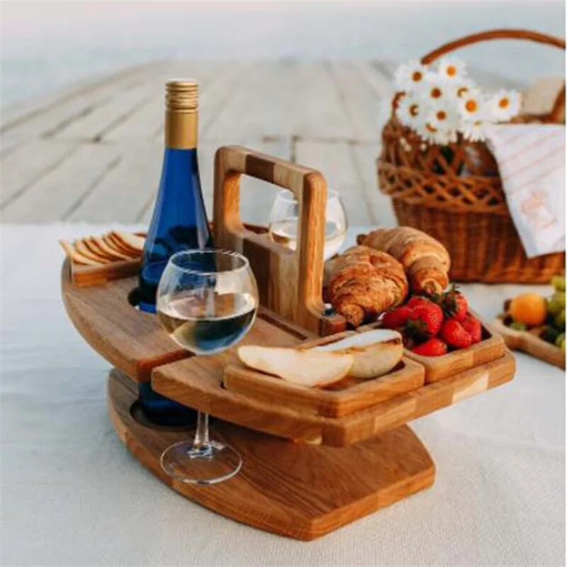 Wooden Folding Picnic Table Snack Tray with Glass Holder