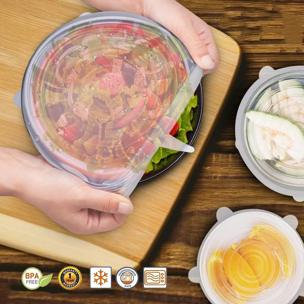 6PCS Silicone Stretch Covers, Lids, Caps for Food Dish for Cans Kitchen Accessories