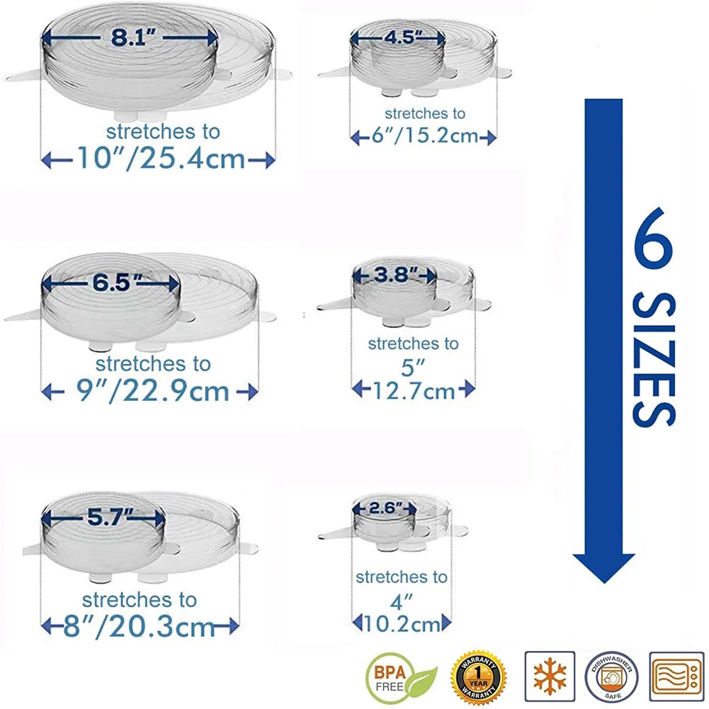 6PCS Silicone Stretch Covers, Lids, Caps for Food Dish for Cans Kitchen Accessories