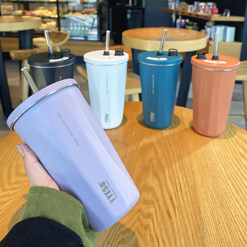 600ml Vacuum Stainless Steel Keep Cold and Hot Mug Thermos With Straw