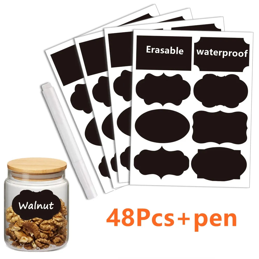 48pcs Removable Blackboard Sticker for Jars, Bottles with Erasable Marker Kitchen organization