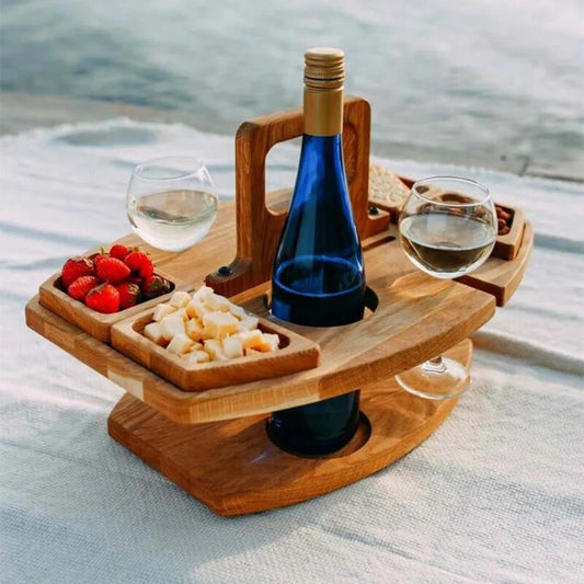 Wooden Folding Picnic Table Snack Tray with Glass Holder