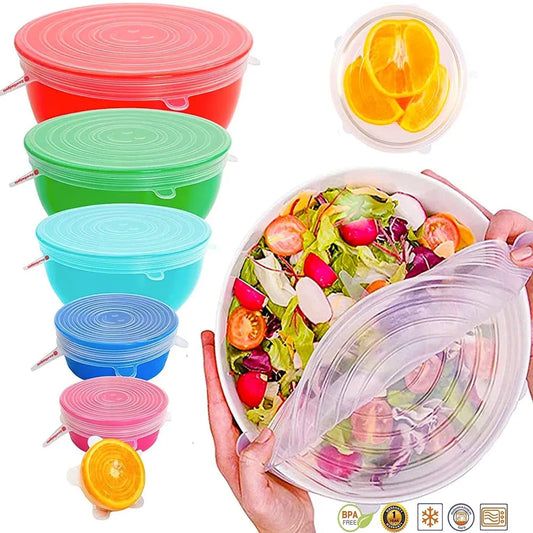 6PCS Silicone Stretch Covers, Lids, Caps for Food Dish for Cans Kitchen Accessories